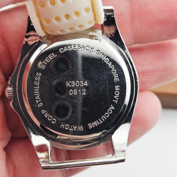 Women's Silver Tone Multi-Dial Watch Crystal Rhinestone Beige Dot Band Bling - Picture 6 of 6